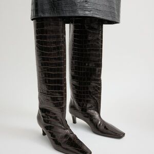 Toteme Dark Brown Croc-Embossed Over-the-Knee Boots